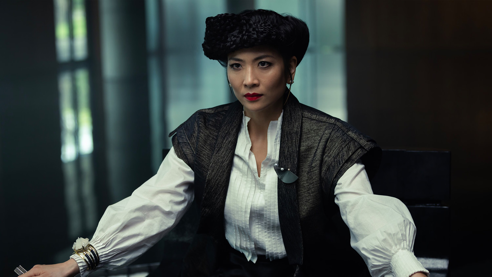 Yutani standing a table with her hands pressed on it in Alien: Earth