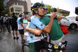 Aevolo Cycling Team's Luis Villalobos is congratulated after having won the best young rider jersey at the end of the 2018 Tour of Utah