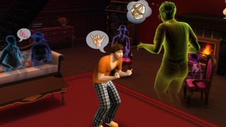 Så fuskar du i Sims 4: En sim som står och pratar med ett spöke i ett mörkt rum fullt av massor av spöken.