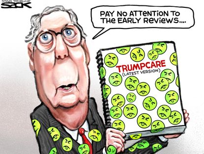 Political cartoon U.S. GOP health-care bill Mitch McConnell reviews