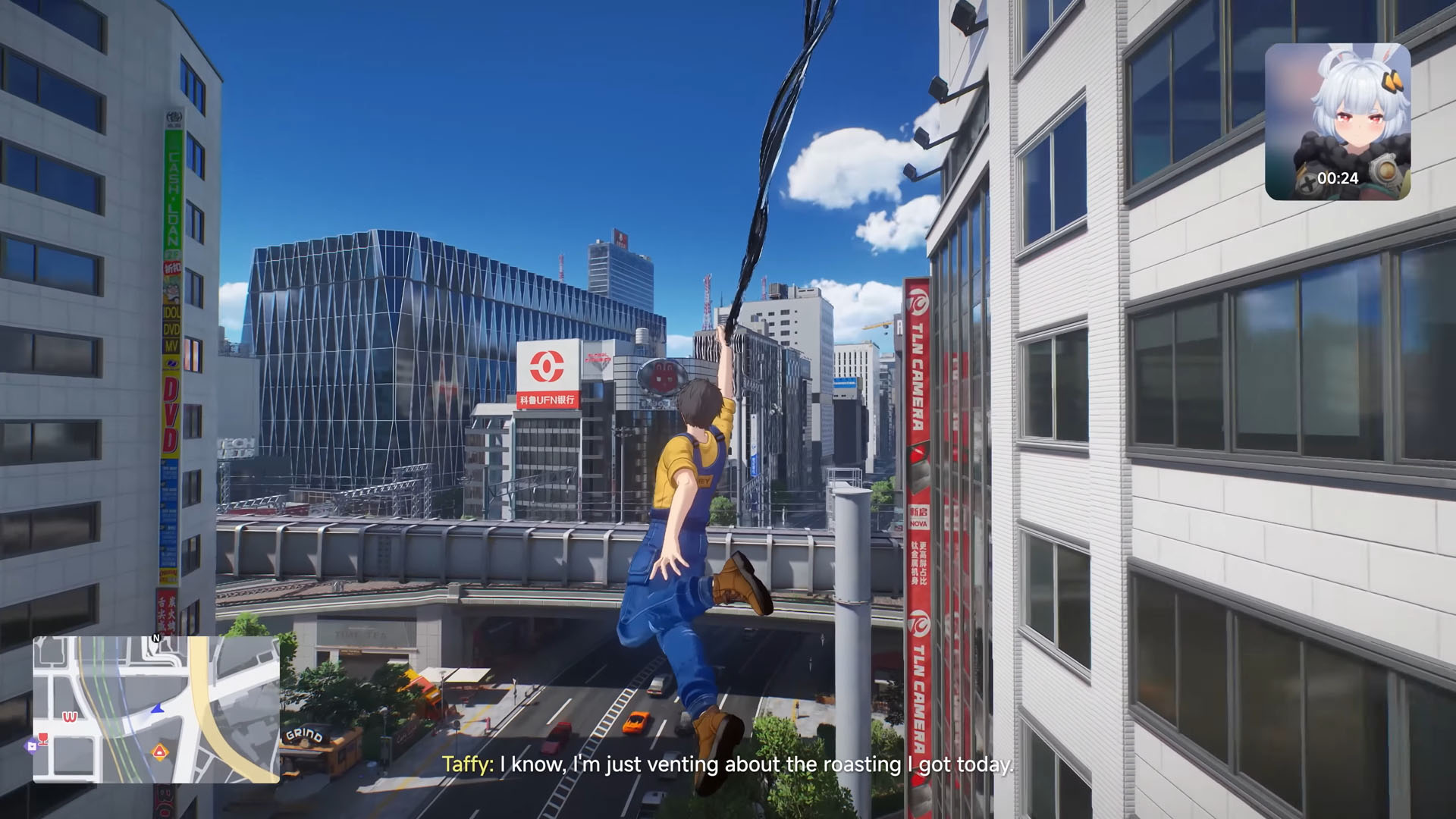 Chenxiu swings through Nova City in Ananta, from the PlayStation gameplay trailer, using a black goo that shoots from his arm