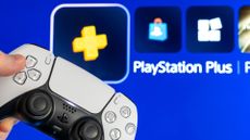 PS Plus running on PS5 Pro (on a TV screen) with a DualSense controller in the foreground