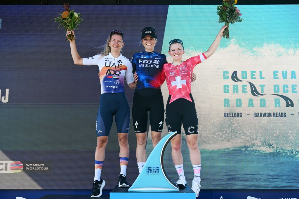 GEELONG AUSTRALIA FEBRUARY 01 LR Karlijn Swinkels of The United Kingdom and UAE Team ADQ on second place race winner Ally Wollaston of New Zealand and Team FDJ Suez and Noemi Ruegg of Switzerland and Team EF EducationOatly on third place pose on the podium ceremony after the 9th Cadel Evans Great Ocean Road Race 2025 Womens Elite a 1418km one day race from Geelong to Geelong UCIWWT on February 01 2025 in Geelong Australia Photo by Dario BelingheriGetty Images