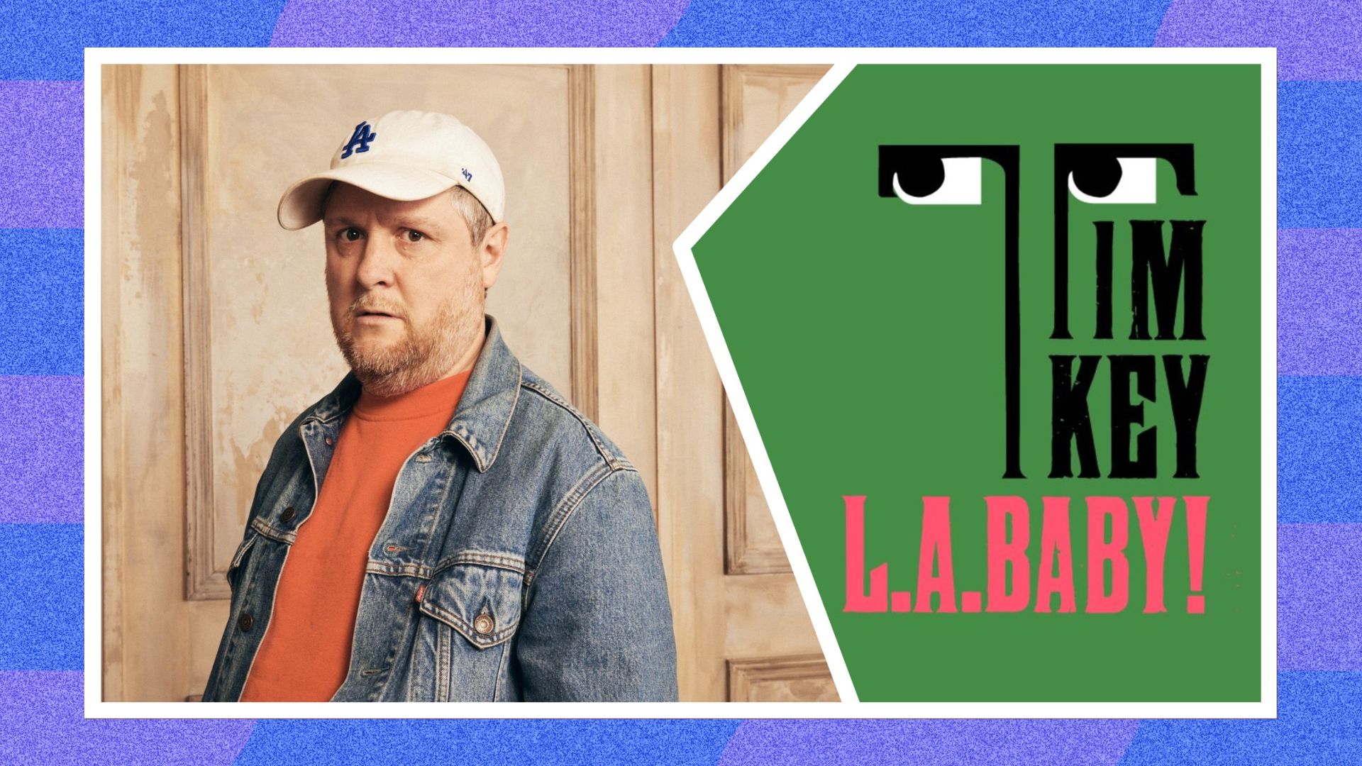 Comedian Tim Key next to a promotional image for his book L.A. Baby!