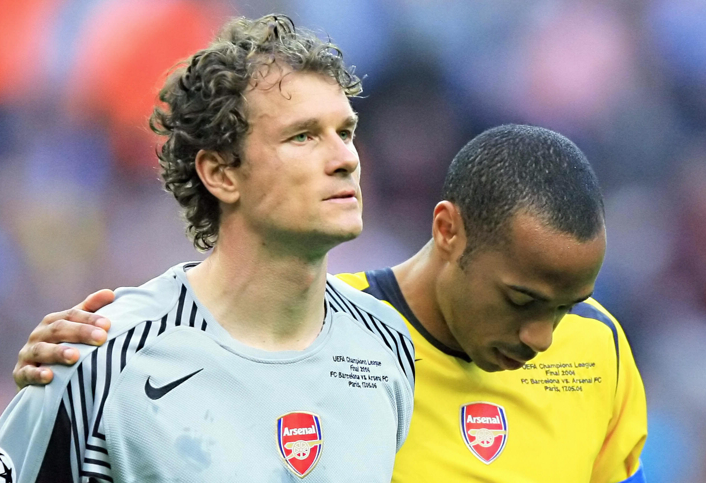 Jens Lehmann is consoled by Arsenal team-mate Thierry Henry after his red card in the 2006 Champions League final against Barcelona.