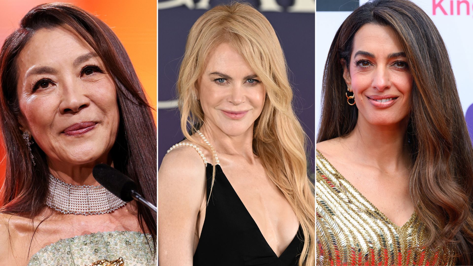 Michelle Yeoh, Nicole Kidman and Amal Clooney pictured at red carpet events with damson brunette hair, strawberry beige hair and truffle brunette hair 
