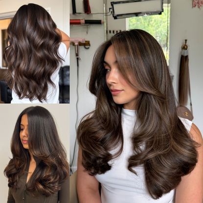 a collage of three women with mocha balayage hair at the salon with blown our brunette hair
