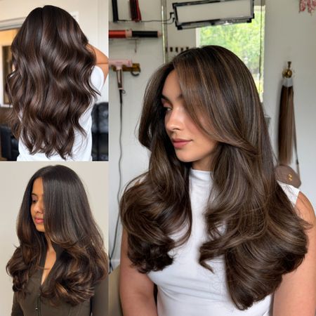 a collage of three women with mocha balayage hair at the salon with blown our brunette hair