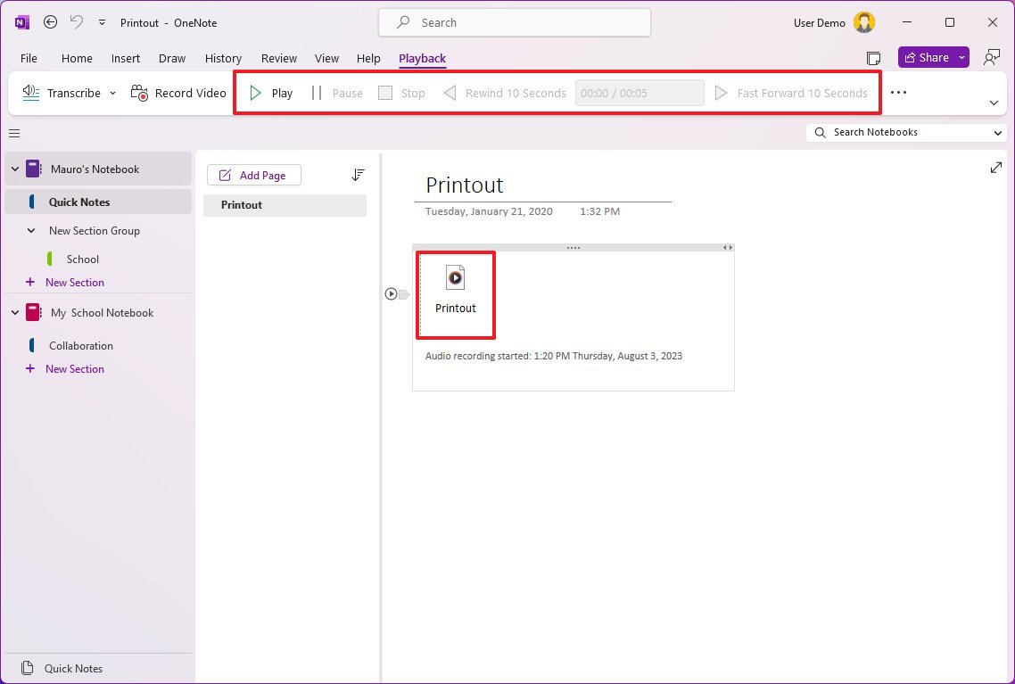 Элементы управления звуком OneNote