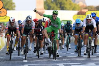 PARIS FRANCE SEPTEMBER 20 Sprint Arrival Alexander Kristoff of Norway and UAE Team Emirates Peter Sagan of Slovakia and Team Bora Hansgrohe Sam Bennett of Ireland and Team Deceuninck QuickStep Green Points Jersey Celebration Elia Viviani of Italy and Team Cofidis Solutions Credits Mads Pedersen of Denmark and Team Trek Segafredo World Champion Jersey during the 107th Tour de France 2020 Stage 21 a 122km stage from MantesLaJolie to Paris Champslyses TDF2020 LeTour on September 20 2020 in Paris France Photo by Stephan Mantey PoolGetty Images