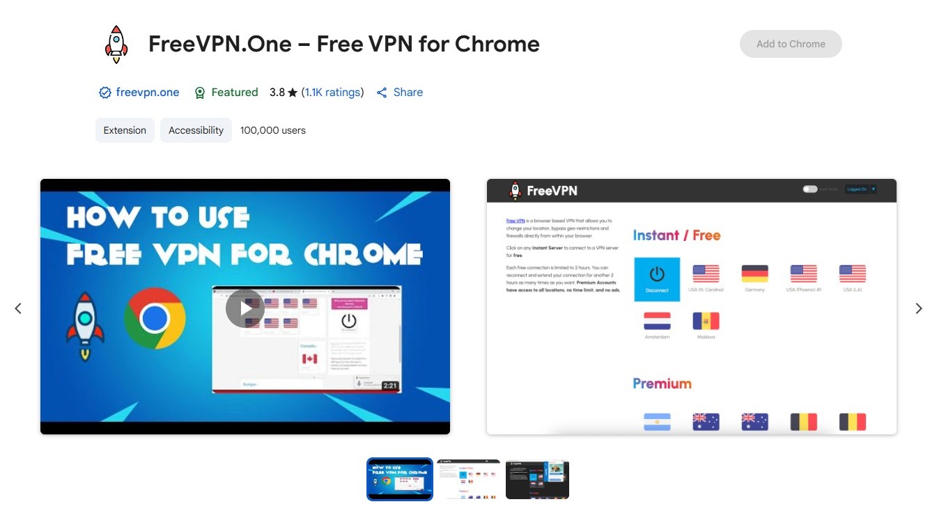 A screenshot taken of FreeVPN.One's Google Chrome Web Store page on August 21, 2025