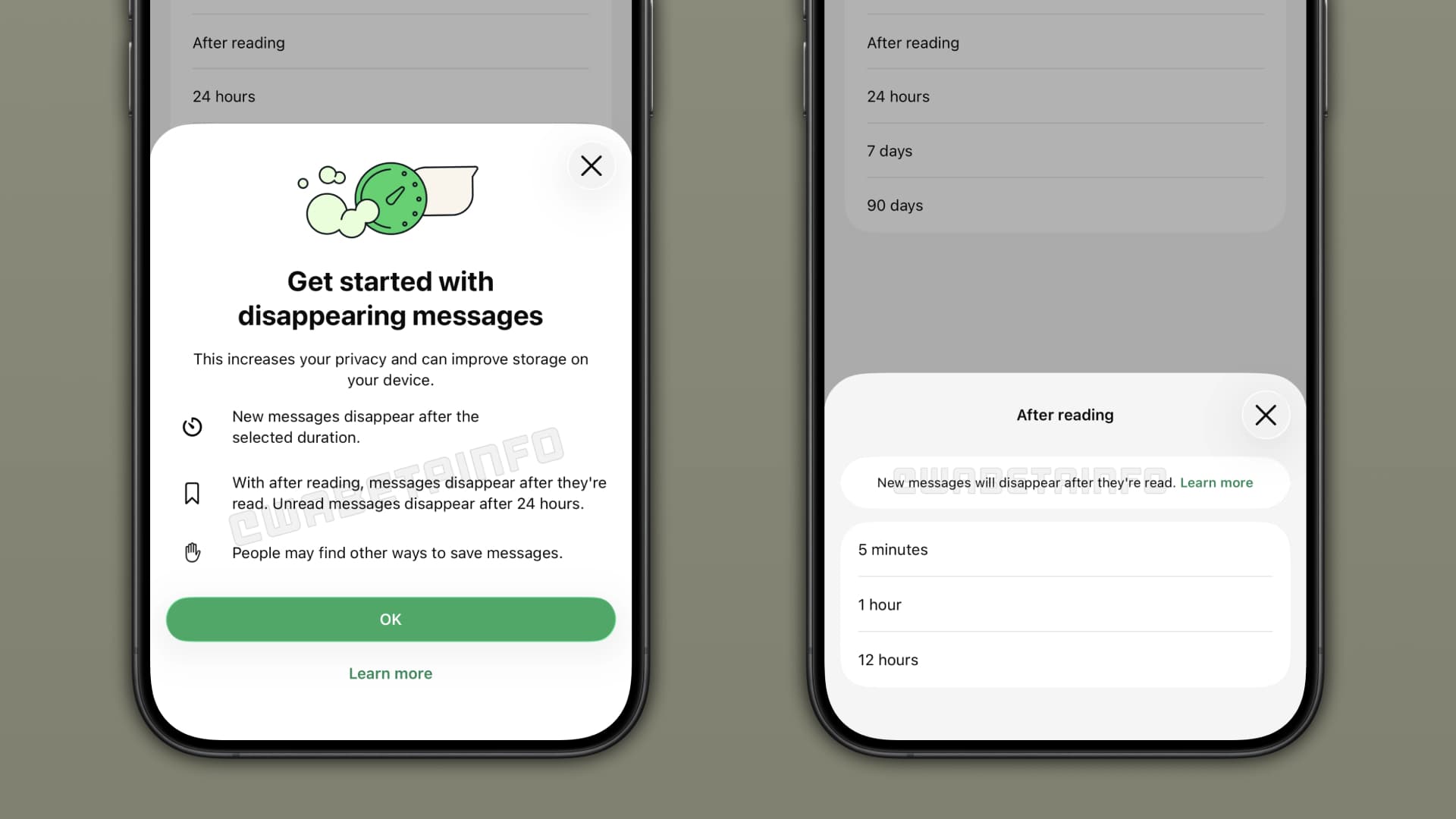 Two iPhones showing settings for the disappearing messages feature in WhatsApp.