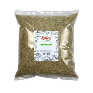 Bag of dried herbs with white label on a white background