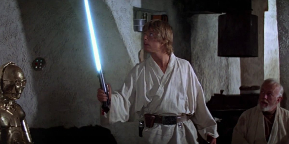 Luke wielding a lightsaber for the first time in A New Hope