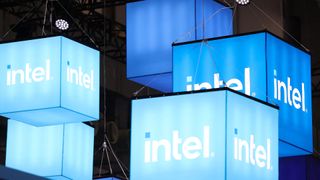 Intel logo and branding pictured at Computex 2024 in Taipei on June 4, 2024.