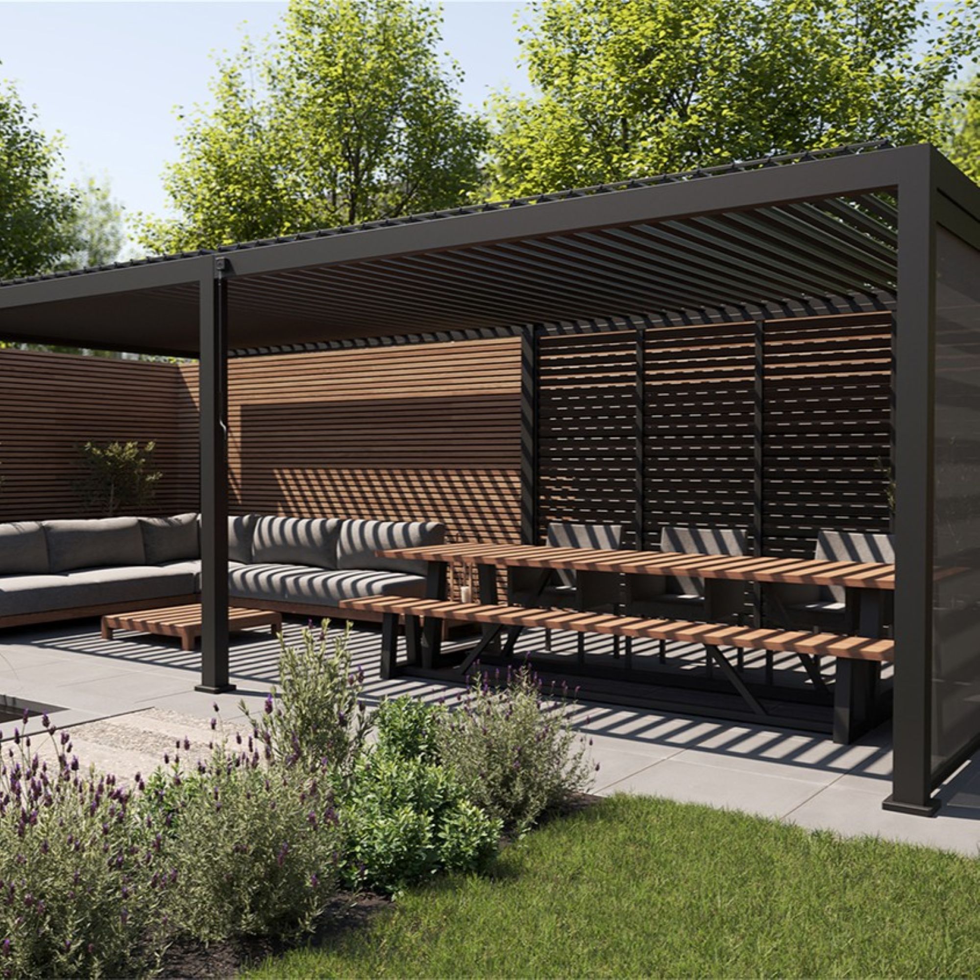 aluminium pergola with outdoor seating