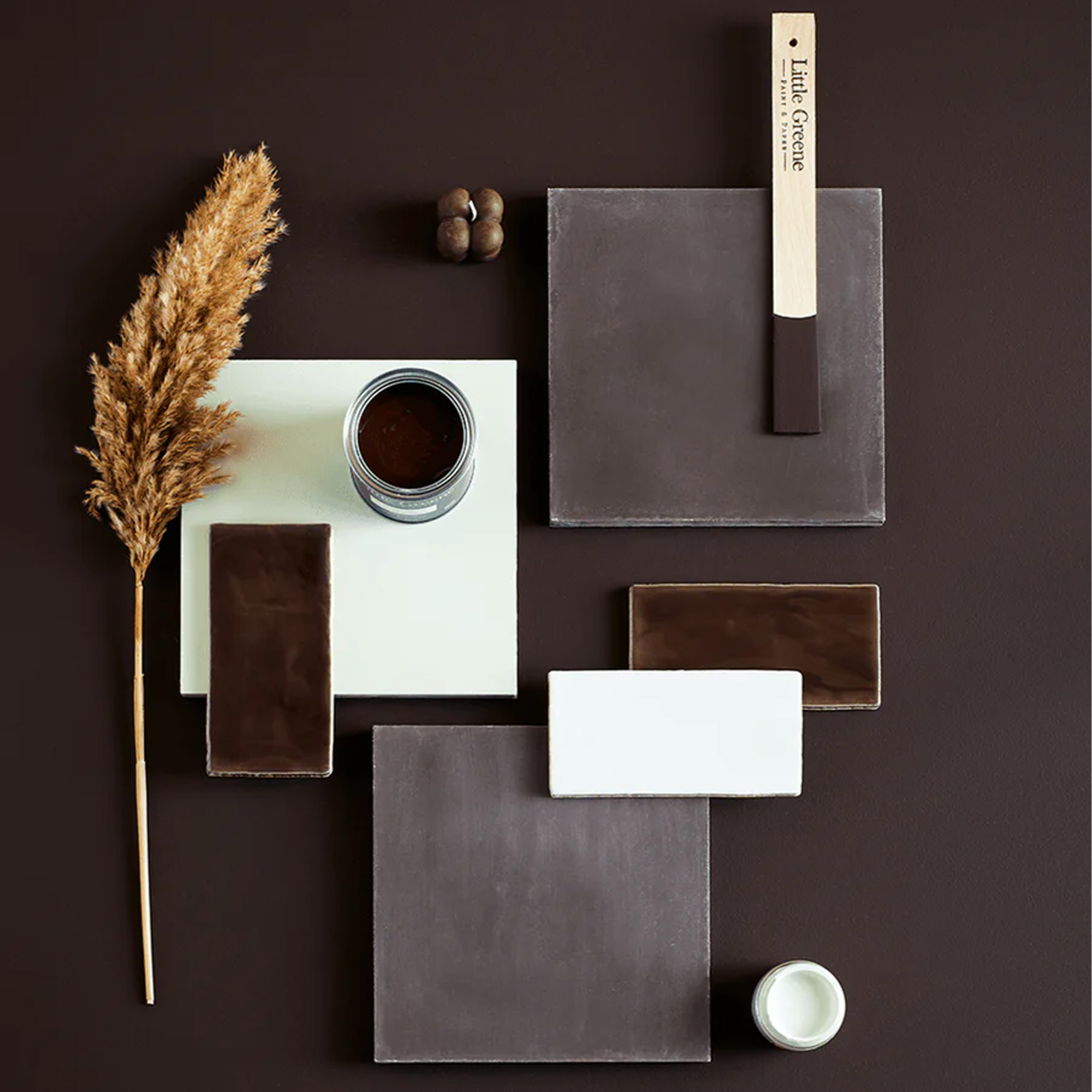 Little Greene Purple Brown paint used in a flat lay