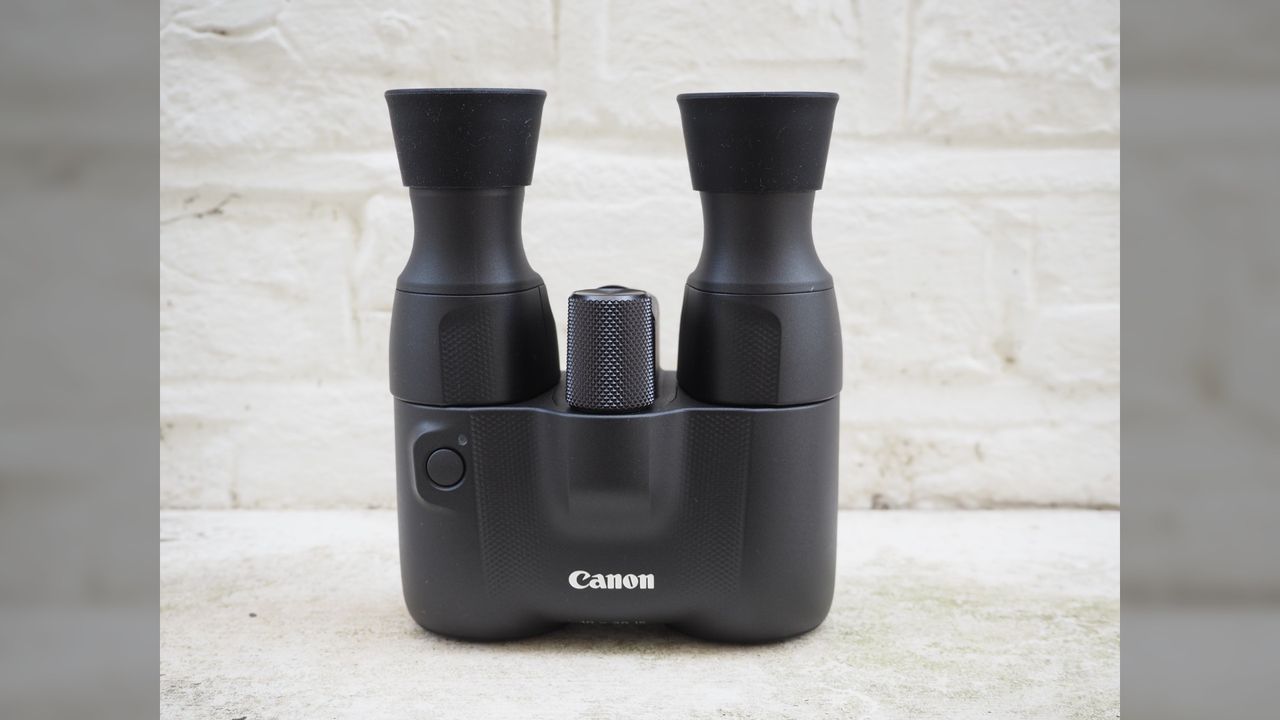 Close up Canon 10x20 IS Binoculars.
