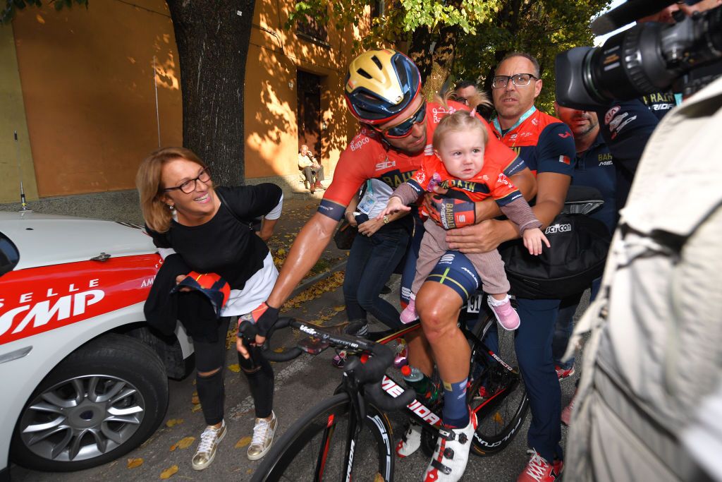 Colbrelli celebrates with his daughter Vittoria after the finish