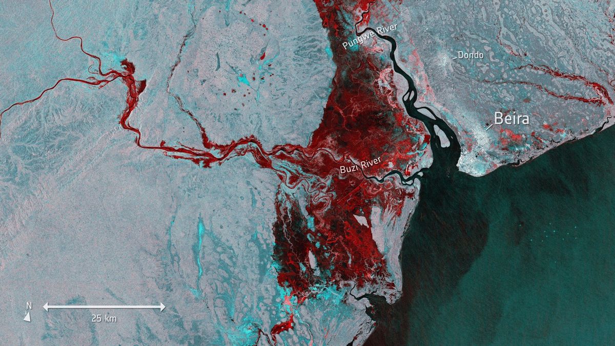 Imagery captured by the European Space Agency&#039;s Sentinel-1 satellite on March 19, 2019 shows the extent of flooding (depicted in red) around Beira, Mozambique, after Cyclone Idai made landfall.