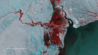 Imagery captured by Sentinel-1 on March 19 shows the extent of flooding (depicted in red) around Beira, Mozambique, after Cyclone Idai made landfall.