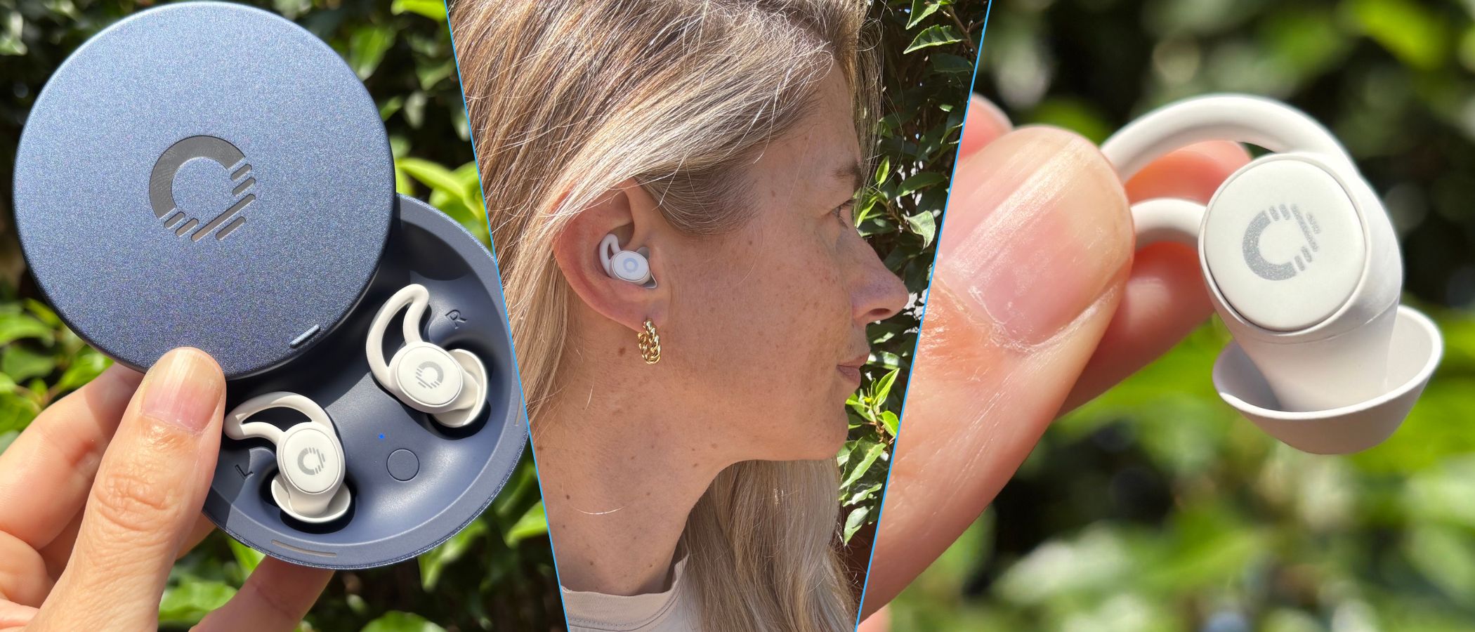 The image is made up of a composite of three pictures, on the left is the Ozlo Sleepbuds 2 earbuds in their blue case, the centre is the side profile of a woman wearing them, and on the right is a close up image of someone holding up a small white earbud
