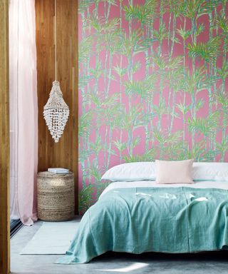 vibrant palm botanical leaf wallpaper in bedroom