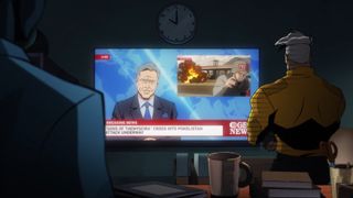 Amanda Waller and Rick Flag Sr watch a news report in Creature Commandos episode 1