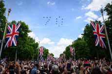 A formation of aircraft in the shape of the number 70 flies towards Buckingham Palace during the June 2nd flypast to celebrate the Platinum Jubilee of Queen Elizabeth II.