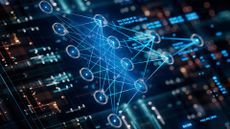 Multiple blue nodes on a network concept art with digital circuitry in the background.
