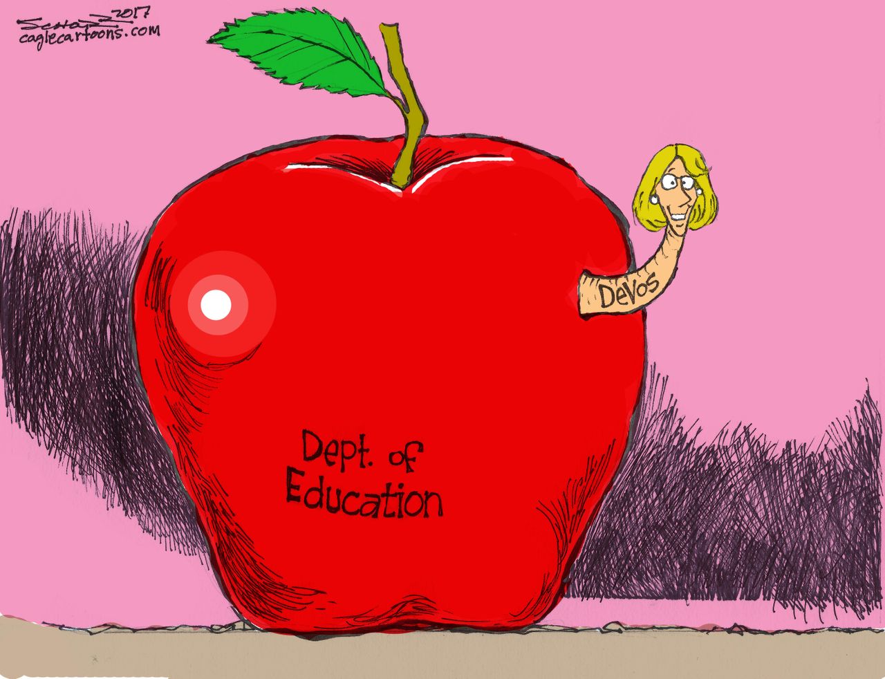 Political cartoon U.S. Department of Education Betsy DeVos worm apple