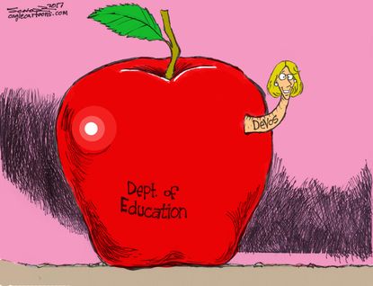 Political cartoon U.S. Department of Education Betsy DeVos worm apple