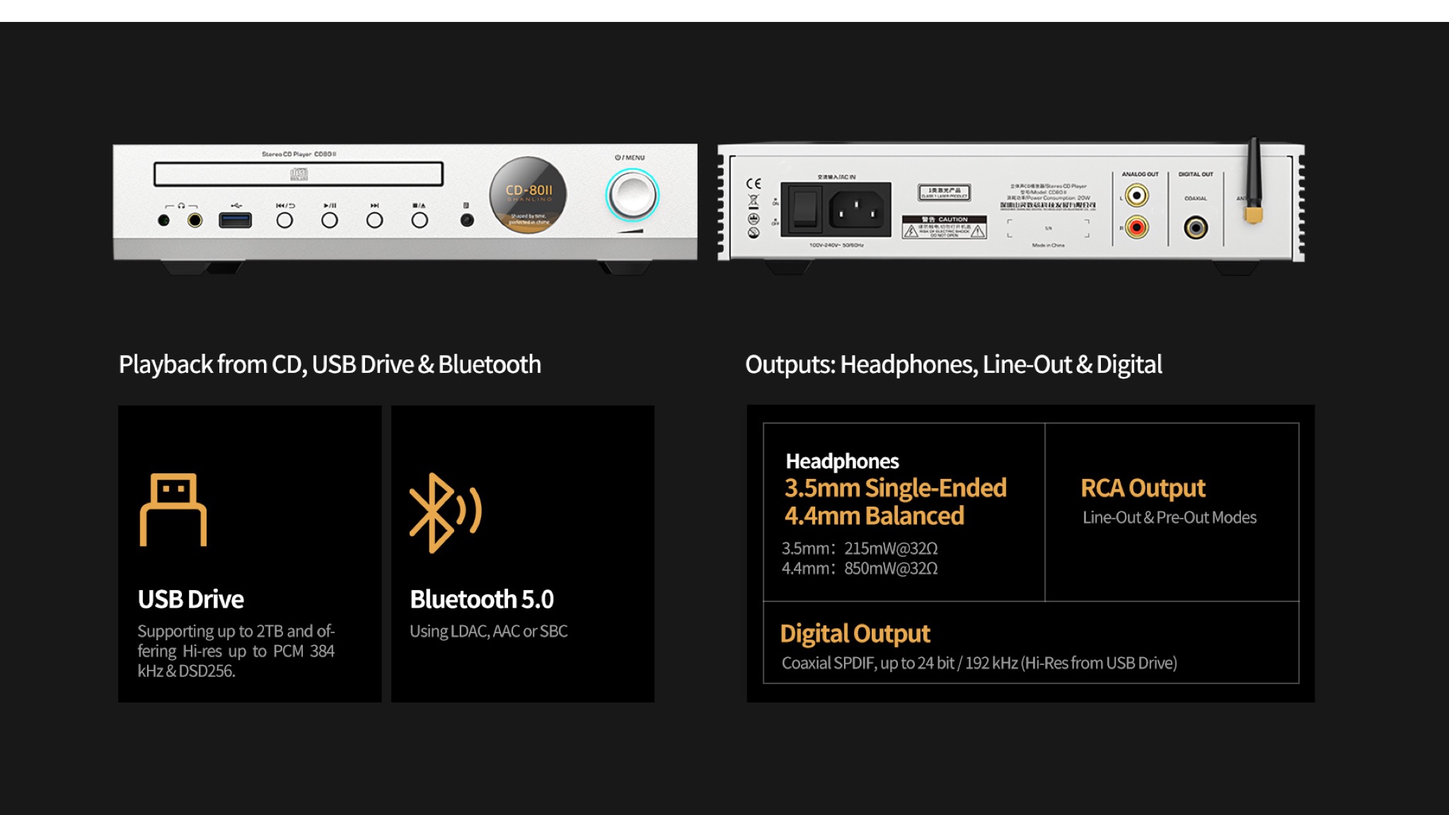 Promotional image showing the key connections of the Shanling CD80 II CD player
