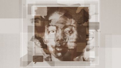 Photo montage of African American and Caucasian faces blended with speech bubbles and hand gestures