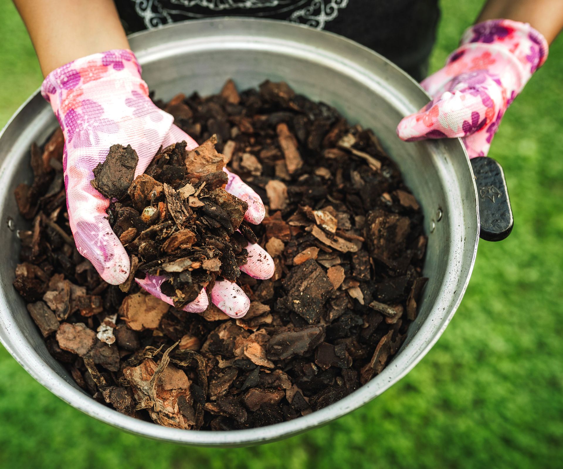 bowl of mulch held by woman wearing pink gloves