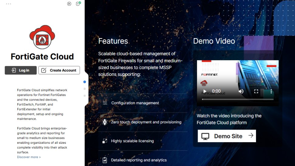 Website screenshot of Fortinet FortiGate Cloud (August, 2025)
