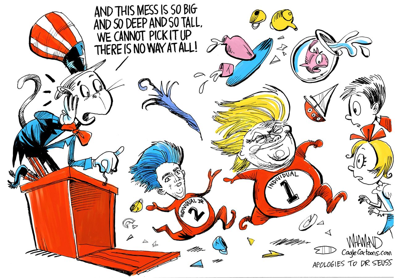 Political cartoon U.S. Mueller probe Trump individual 1 legal mess cat in the hat