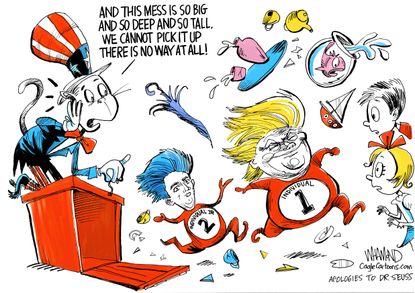 Political cartoon U.S. Mueller probe Trump individual 1 legal mess cat in the hat