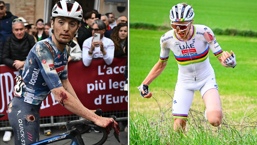 Gianmarco Garofoli and Tadej Pogačar were two of the riders able to finish despite crashing heavily