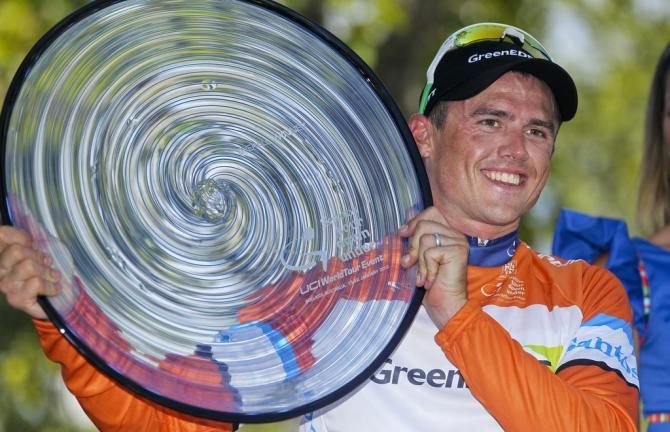Simon Gerrans celebrates GreenEdge's first ever overall victory