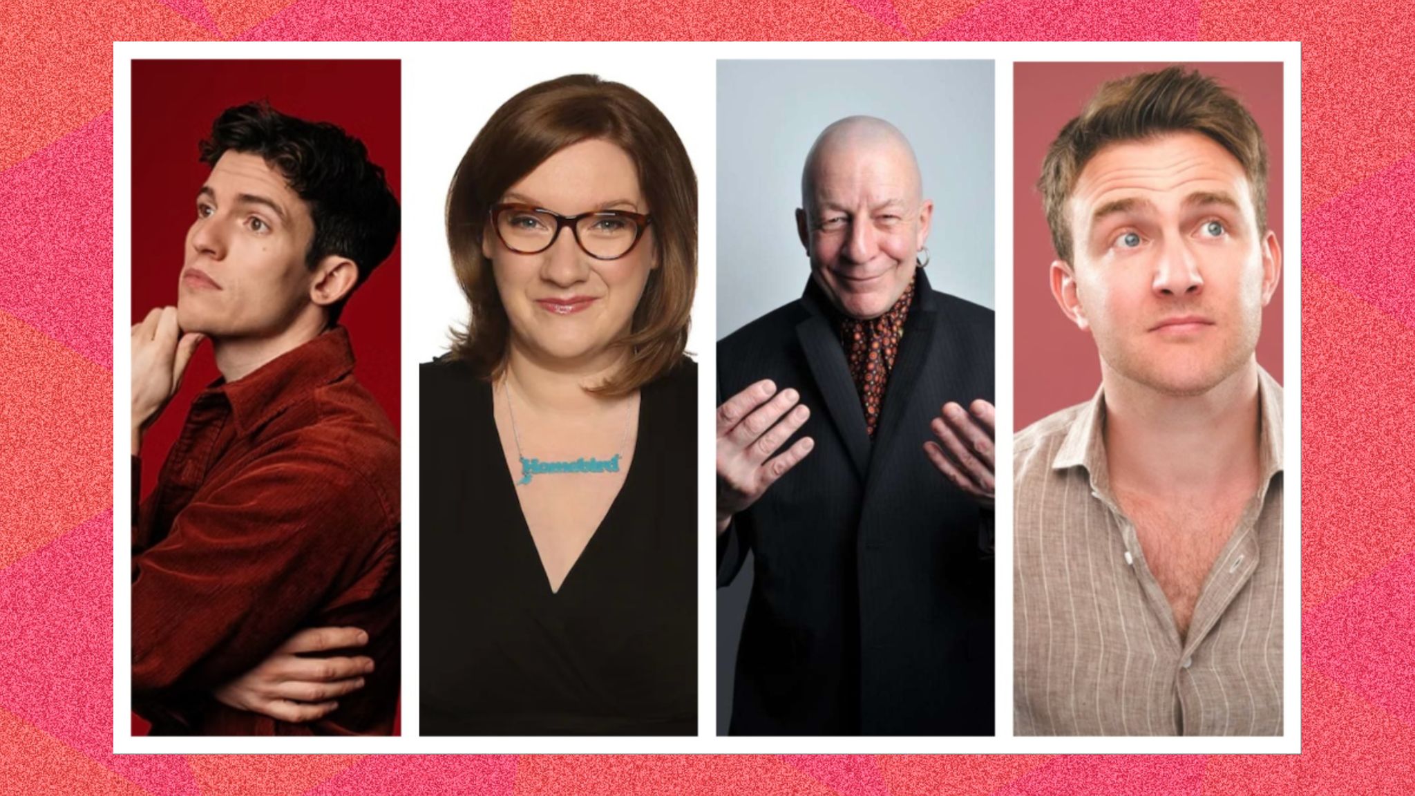 an image of four comedians, from left to right: Patrick Spicer, Sarah Millican, Jeff Innocent, and Tom Houghton