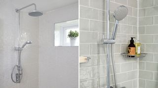 compilation of two images of showers to show an example of shower heads to remove when following how to clean a shower head