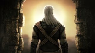 The Witcher - game opening cinematic of geralt looking out at a sunset with a silver sword on his back