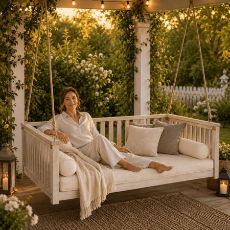 Twin Size Acacia Wood Hanging Swing Bed With Ropes, Outdoor Porch Daybed for Patio, Garden &amp;amp; Backyard, Minimalist Wooden Swing Bed, 350 Lbs Recommended Capacity (white)