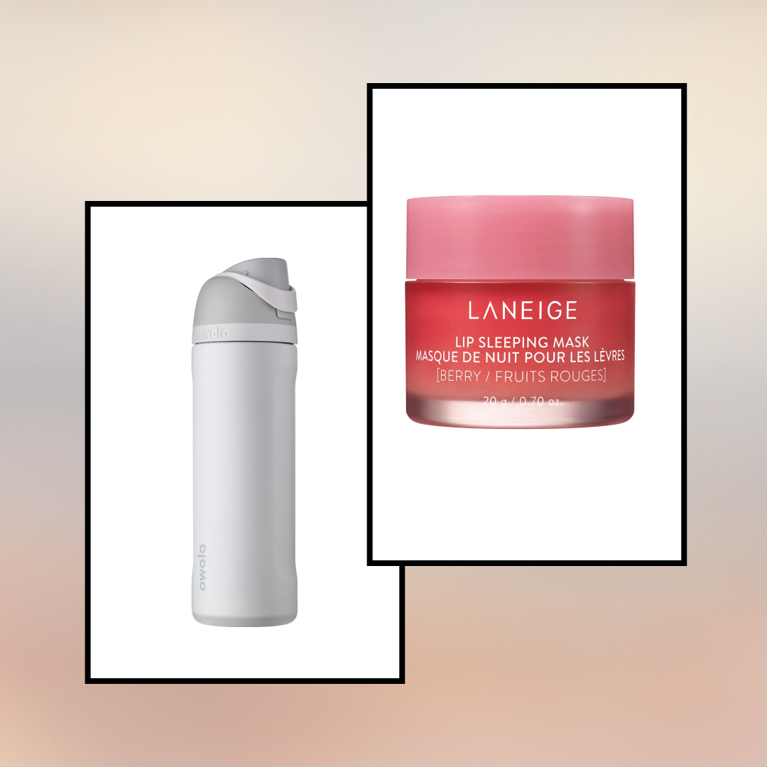 product collage of owala water bottle and laneige lip sleeping mask on white boxes with black borders on gradient background 