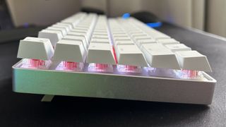 Cherry MX 8.2 side on showing keycaps, switches, and RGB LEDs