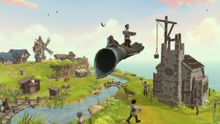 Townsmen VR Spieler hilft einem Dorfbewohner beim Bauen