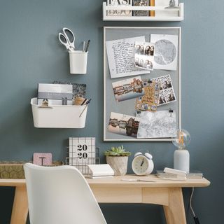 grey home office with ikea spice rack shelf