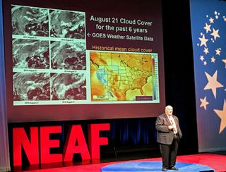 Professor Mike Reynolds of Florida State College in Jacksonville, Florida, discusses the weather forecast for the total solar eclipse of Aug. 21, 2017, at the Northeast Astronomy Forum in Suffern, New York, on April 9.