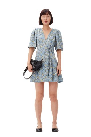 Blue Floral Printed Crinkled Satin Mini Wrap Dress